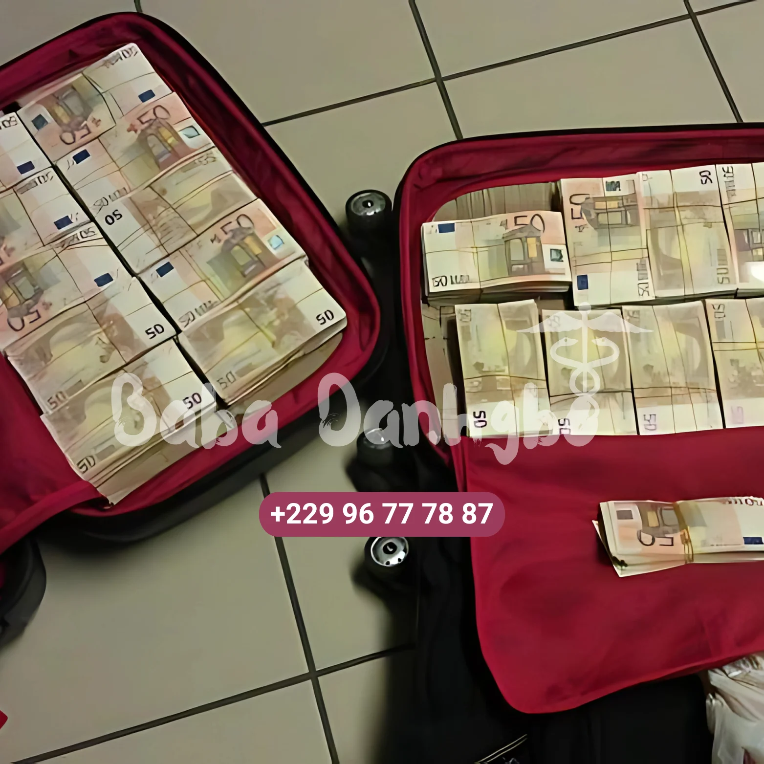 Illustration de la Valise Mystique de Baba Danhgbo entourée de symboles de richesse (billets, pièces d’or, pythons sacrés, et bougies blanches